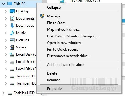 open computer properties by right click in windows 10