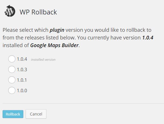 wordpress plugin Rollback version selection