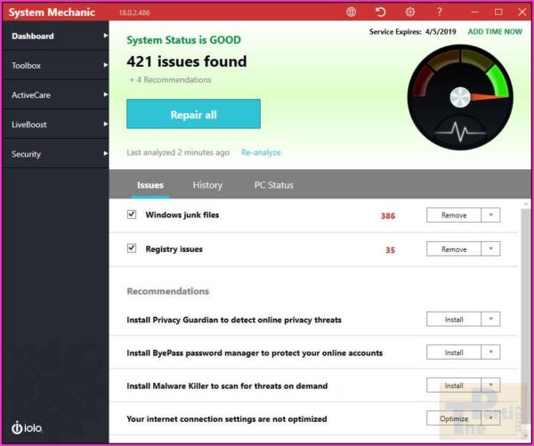 IOLO System Mechanic interface window