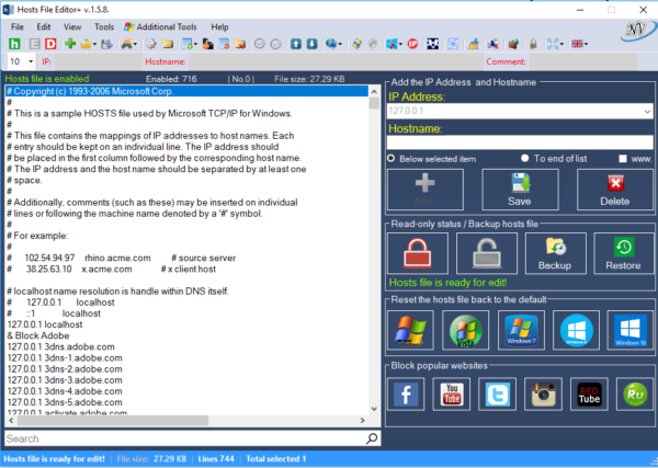 Hosts File Editor Program Interface