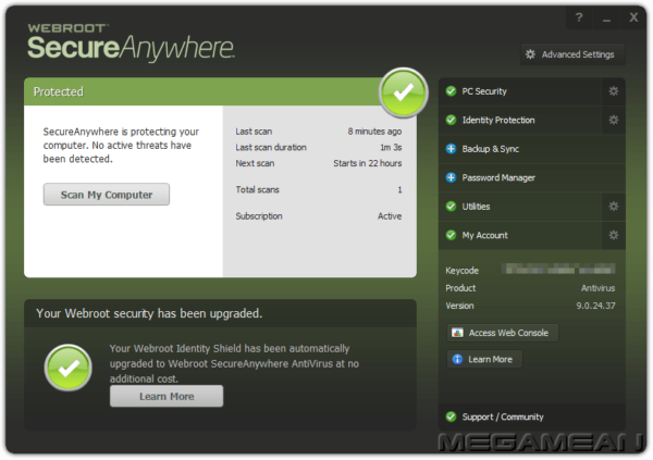 Webroot SecureAnywhere Antivirus Window