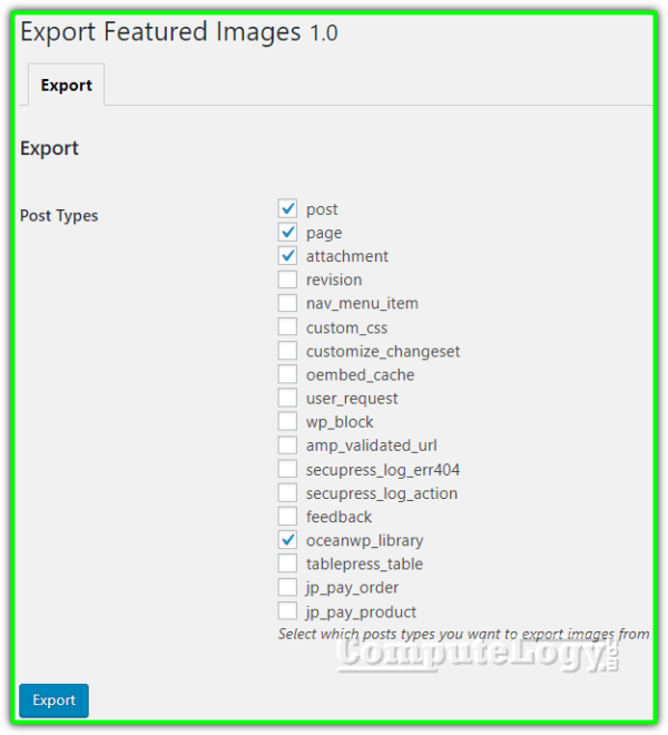 Export Featured Images Plugin Interface in WordPress