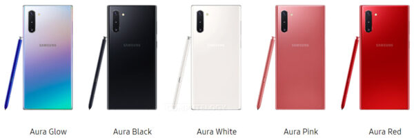 Samsung Galaxy Note 10 Colors Glow Black White Pink Red